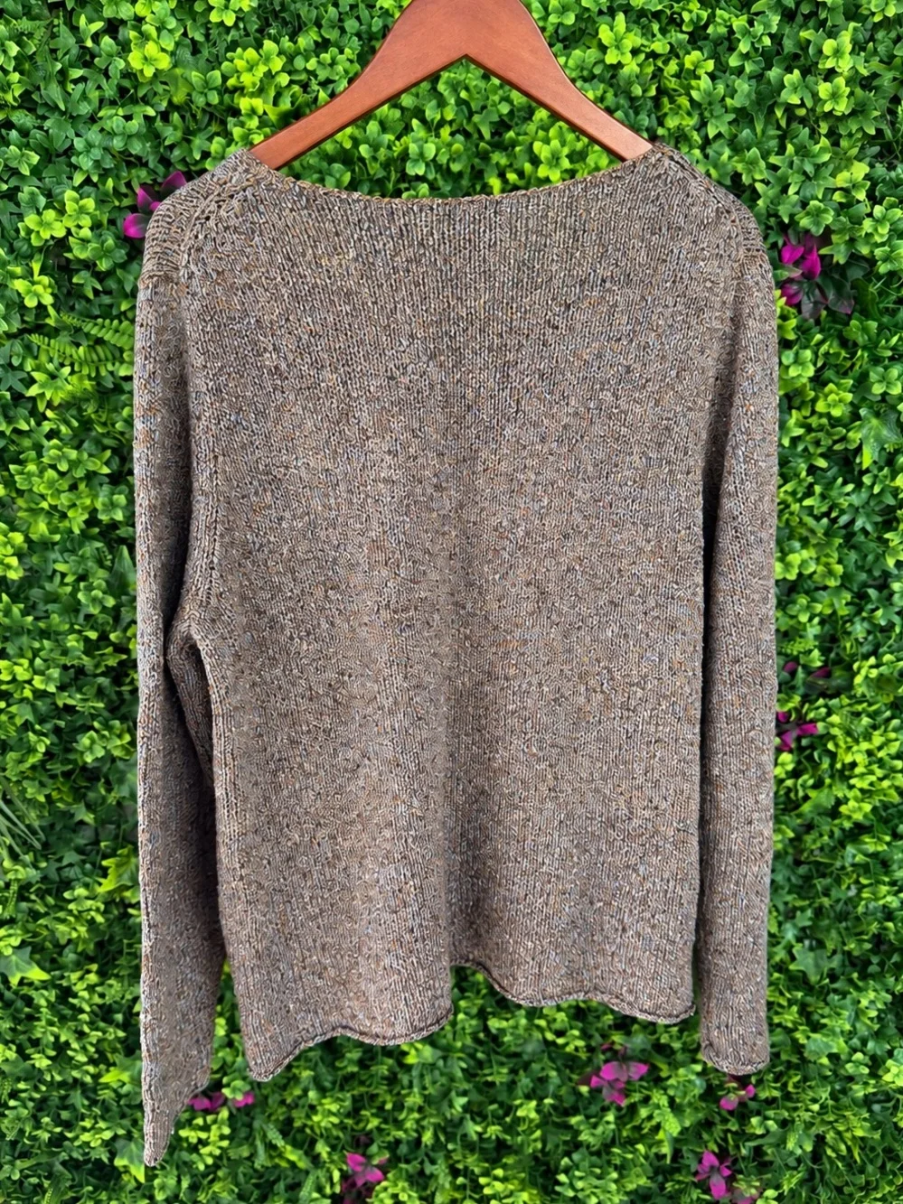 Eileen Fisher 100% Silk Marled V-Neck Sweater XL Brown Gray Textured Knit